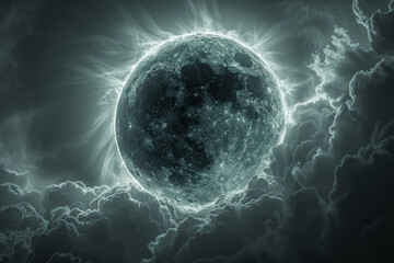 Poster - Artistic solar eclipse scene with a black sun and dynamic white and gray cloud patterns,