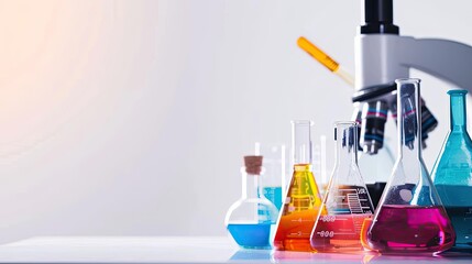 Colorful chemical solutions in glassware and microscope on laboratory bench, scientific research and experiment background.