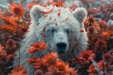 Wall Mural - A bear formed from soft feathers and bright flowers, showcasing a non-traditional perspective,