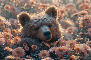 Wall Mural - A bear formed from soft feathers and bright flowers, showcasing a non-traditional perspective,