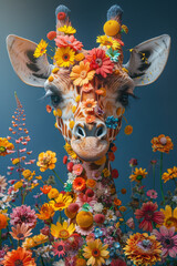 Poster - Conceptual image of a giraffe crafted from flowers and feathers, challenging traditional views,