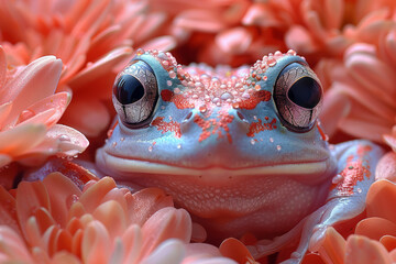 Wall Mural - A frog formed from soft feathers and bright flowers, presenting a unique perspective,