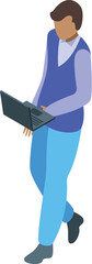 Poster - Young office worker is walking while using his laptop in this isometric illustration