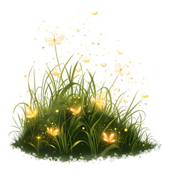 Poster - Digital illustration of fireflies glowing in the dark among lush grass
