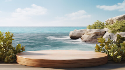 Wall Mural - Petit podium en bois et arrondi sur fond de paysage, bord de mer, plage et nature. Vacances, soleil, été. Piédestal, podium, mise en avant. Mock up, composition. Pour conception et création graphique.