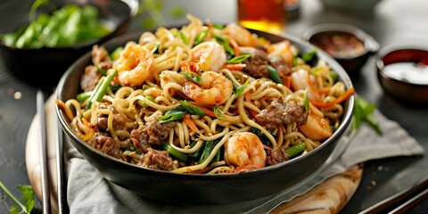 Poster - Chinese Lo Mein Recipe A Delicious Stir-Fry Dish with Egg Noodles, Vegetables, and Choice of Meat or Seafood. Concept Chinese cuisine, Stir-fry cooking, Noodle recipes, Asian flavors