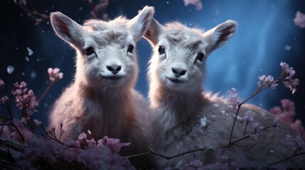 Wall Mural - two goats in a forest with a blue background.