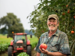 Smiling Farmer Holding Red Apple
