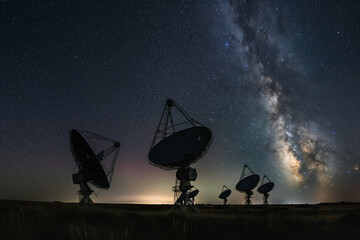 Silhouetted Radio Telescopes Scanning Cosmic Wonders Under Brilliant Milky Way Galaxy at Night