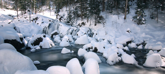 Sticker - spectacular winter scenery, awesome sunset landscape, Slavsko (Slavske) region, Beskid Carpathian mountains, Kamjanka waterfall, Skole, Ukraine, Europe