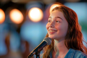Fototapete - A young girl sings passionately into a microphone, smiling and engaging with her audience, possibly during a performance or a fun event with vibrant lighting.