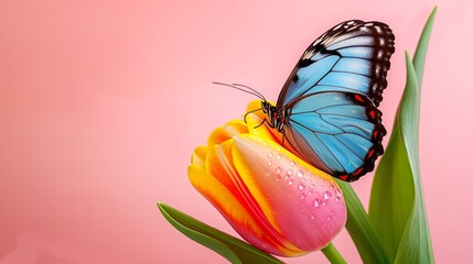 Sticker - A blue butterfly is perched on a yellow flower. Concept of beauty and tranquility, as the delicate butterfly rests on the vibrant flower. The combination of the butterfly's bright blue color