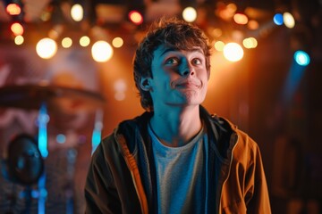Poster - A person is seen on stage surrounded by colorful and vibrant lighting, suggesting a live performance, filled with energy and dynamic atmosphere.