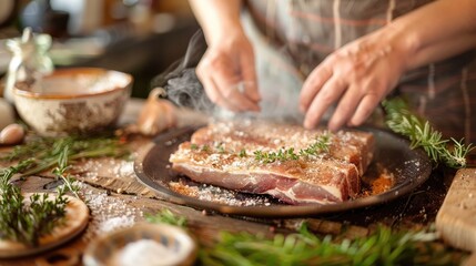 A chef seasoning meat with herbs and salt on a wooden table, preparing a delicious meal with fresh ingredients in a rustic kitchen.