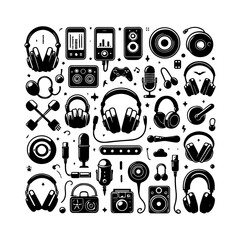 Vector headphones icon set.  Customer service. Customer support. Black style design silhouette vector isolated