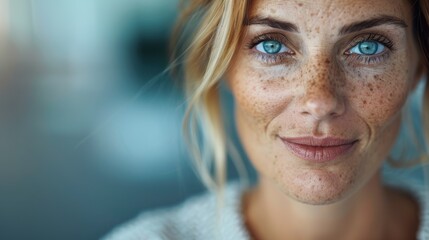 Poster - Close-up image of a woman with striking blue eyes, freckles, and a gentle smile, emphasizing natural beauty and individual features in a softly blurred background.