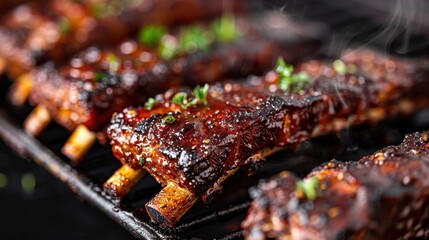 Wall Mural - Close-up of juicy grilled ribs sizzling on a barbecue grill, garnished with fresh green herbs, showcasing deliciously caramelized glaze and smoke, ready to be savored.