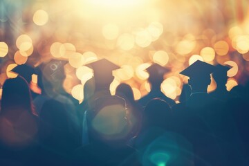 Wall Mural - Silhouettes of a crowd of graduate students standing against a bright background with bokeh light effects