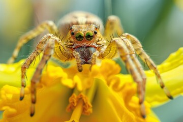 Poster - A striking close-up photograph of a spider perched on a vibrant yellow flower, capturing the intricate details of the spider's body and the vivid colors of the flower petals.