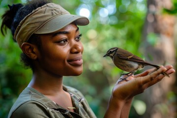 A woman wearing a visor and casual clothes smiles as she gently holds a small bird in her hand. The background is lush and green, evoking a sense of calmness and care.