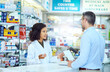 © Tamani/peopleimages.com - Woman, pharmacist and consulting with customer for medication, prescription or visit at pharmacy. Female person or medical advisor talking with shopper at counter for pharmaceuticals at dispensary