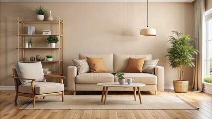 Canvas Print - Cozy living room interior with beige sofa and chair, room, interior, beige, sofa, chair, cozy, living, home, furniture