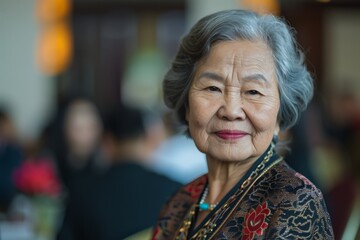 A graceful elderly woman, dressed in traditional attire, attends an event with a composed expression. Her serene demeanor is accentuated by her elegantly patterned outfit and jewelry.