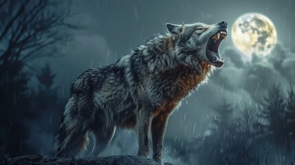  Wolf Howls Under the Full Moon, Rain Falling Through the Forest