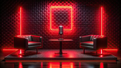 Wall Mural - Dark and mysterious podcast talk show set with red neon lights in the background , podcast, talk show, red neon lights