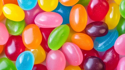 Poster - A bunch of colorful jelly beans are spread out on a white background. The jelly beans come in a variety of colors, including green, pink, yellow, and blue. Concept of fun and playfulness