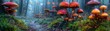© Kunalai - Mystical forest with vibrant mushrooms and butterflies under a serene blue sky, creating an enchanting and magical atmosphere.