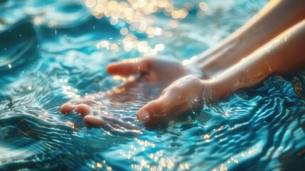 Woman female human hands on blurred wavy clean water background: Saving water clean natural environment ocean concept/ campaign: Love earth, save water conceptual idea