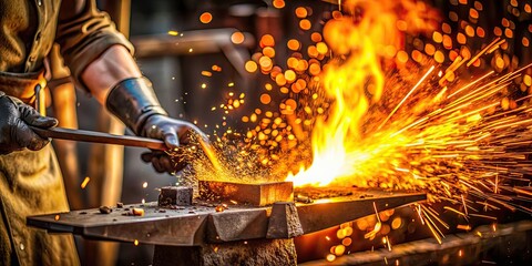 Sticker - fiery blacksmithing scene with metal sparks, flames, and heat , blacksmith, metalwork, fire, sparks,