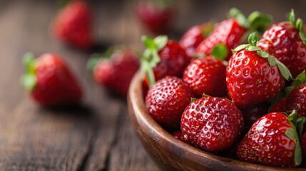 Wall Mural - A close-up image of ripe strawberries nestled in a wooden bowl, highlighting their vibrant red color and fresh, juicy appearance, ready to be enjoyed.