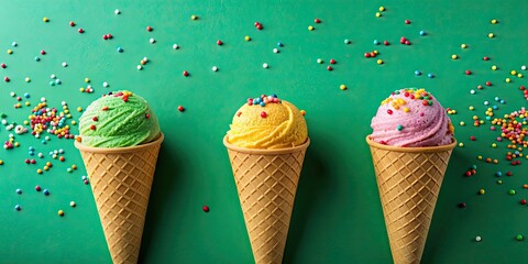 Poster - Colorful ice cream cones with sprinkles on a green background, ice cream, cones, colorful, sprinkles, dessert, sweet, treats