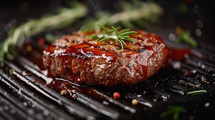 Wall Mural - A perfectly grilled steak topped with a rich sauce, garnished with fresh herbs, placed on a grill, showcasing the steak's luxurious texture and smoky flavor.