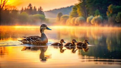 Wall Mural - Duck with ducklings peacefully swimming on a serene lake at sunrise, Duck, ducklings, lake, morning light, peaceful, serene