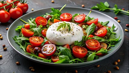 Poster - Fresh Italian salad with creamy burrata and mozzarella cheese, arugula, and tomatoes , Italian, salad, burrata, mozzarella