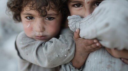 Two young children with sad expressions, dressed in worn clothing, stand close together, conveying a sense of hardship, vulnerability, and innocence in difficult conditions.