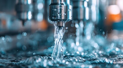 Poster - The CNC machine is in the process of machining a part while coolant liquid sprays onto the working area to prevent overheating and ensure precision. The image highlights industrial care.