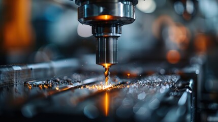 Poster - A detailed view of a Computer Numerical Control (CNC) machine in action, processing a metal surface with precision. Metal shavings and sparks are visible during machining.