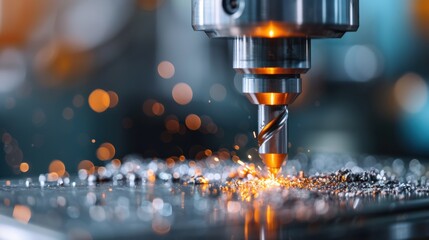 Poster - A high-precision CNC machine is actively working on a metal surface, with visible sparks and shards of metal being removed. The image demonstrates industrial efficiency and technology.