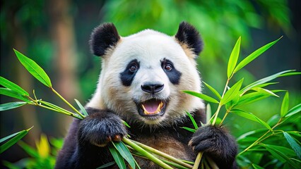 Sticker - Giant panda happily munching on fresh bamboo , wildlife, animal, panda, eating, bamboo, nature, conservation