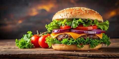 Wall Mural - Fresh hamburger with cheese, kebab, tomato, and cabbage leaves on background, hamburger, cheese, kebab, tomato, cabbage leaves