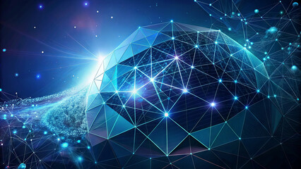 Poster - A blue, geometric sphere with connected lines and glowing lights floats in a digital space