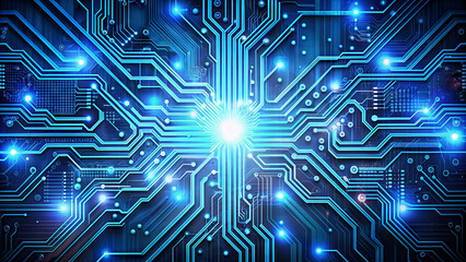 Poster - A close-up shot of a circuit board with glowing blue lines and a bright white light in the center