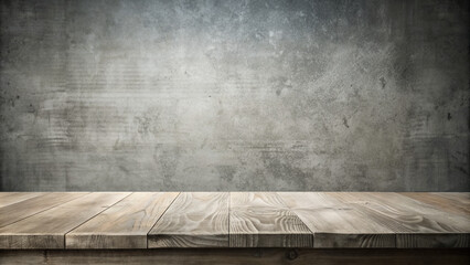 Poster - A wooden tabletop sits in front of a gray concrete wall