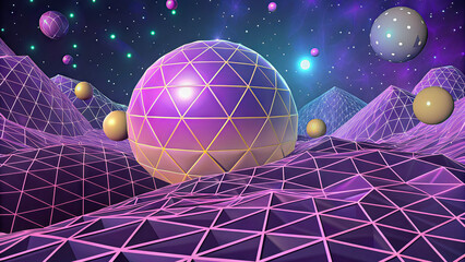 Poster - A large, purple geodesic dome rests on a pink and purple wireframe landscape. The scene is set under a night sky filled with stars and a bright, glowing orb