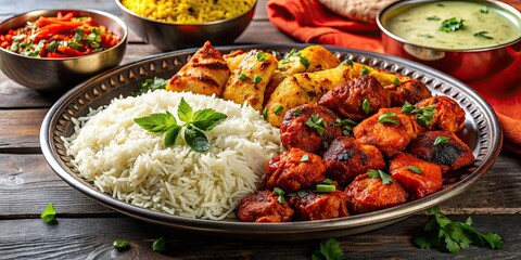 Poster - Delicious tandoori platter with perfectly cooked rice , Indian cuisine, spicy, grilled, food photography, appetizing