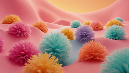 Poster - Colorful pom-poms of various sizes are scattered across a soft pink surface
